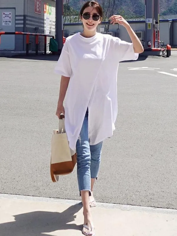 xakxx Solid Loose Simple Split-Front T-Shirt Top